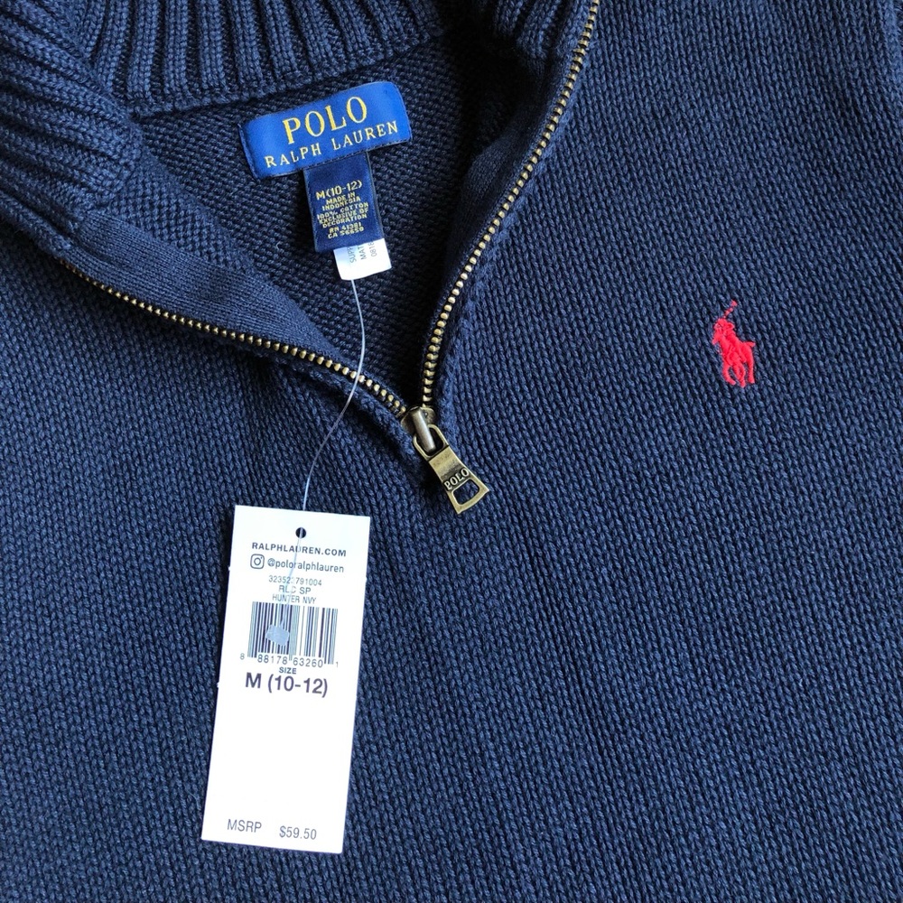 NWT Ralph Lauren Boy Quarter Zip Knit Sweater-Navy with Red Logo, Classic RL - Picture 3 of 4